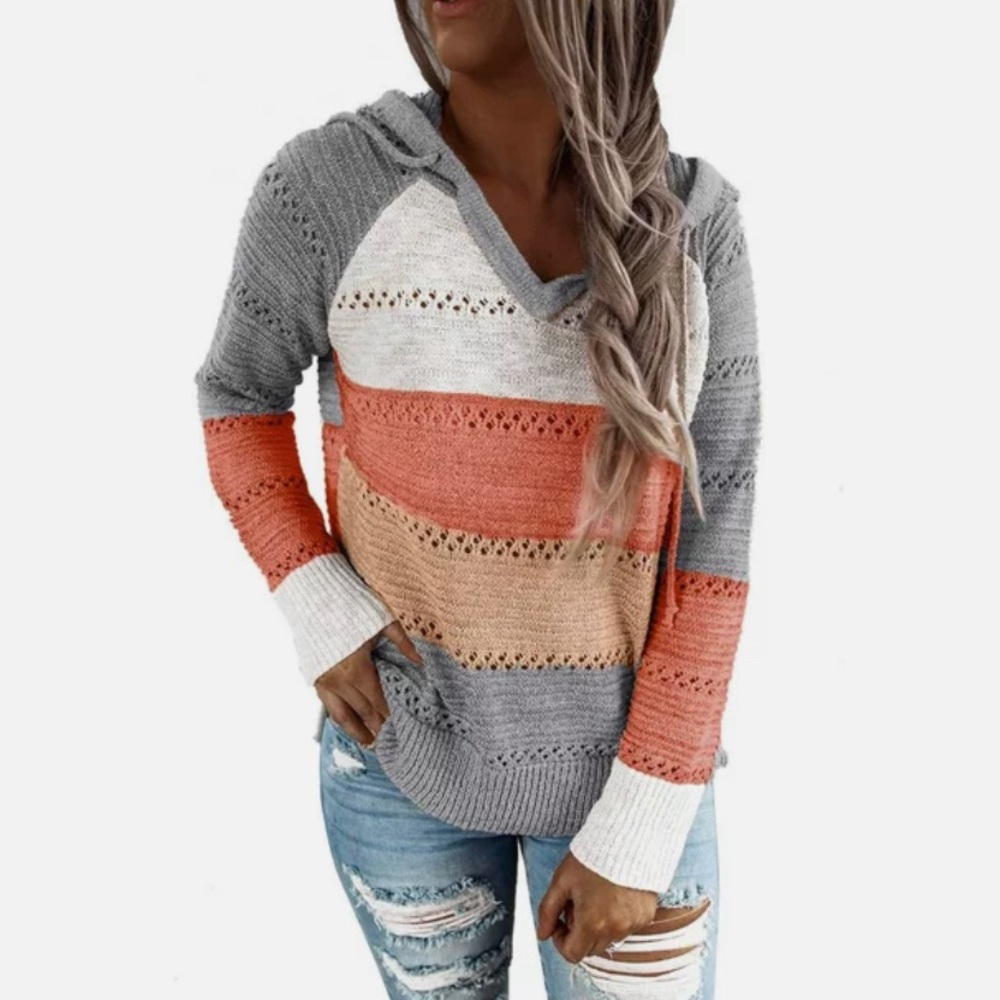 Color Block Autumn Colored Lightweight Knit Hoodie